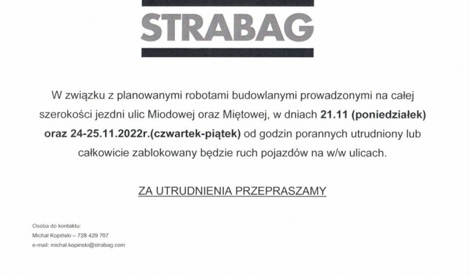 UWAGA! Utrudnienia na ul. Miodowej i ul. Miętowej